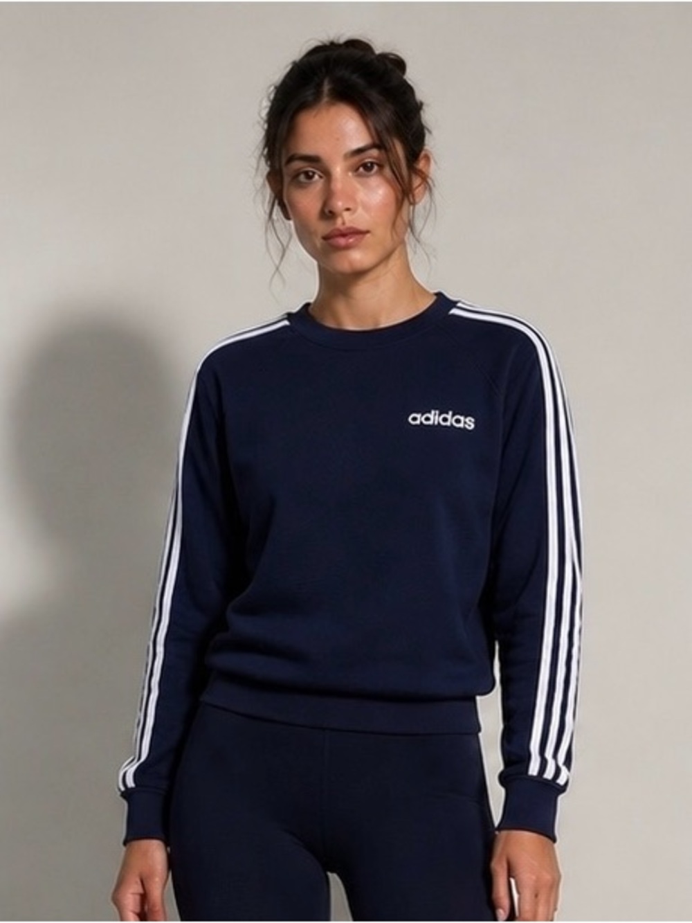 adidas Navy Crew Sweatshirt with White Sleeve Stripes